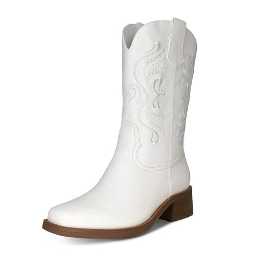 ISNOM Women's Western Boots with Square Toe and Unique Embroidery