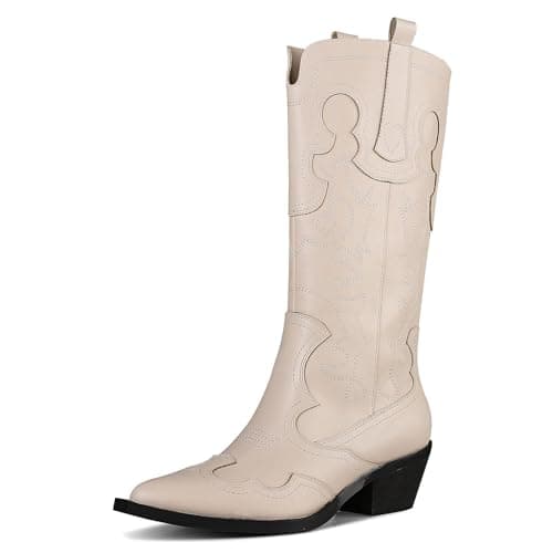 Mikarka Women's Two-Tone Embroidered Cowboy Boots with Chunky Heel