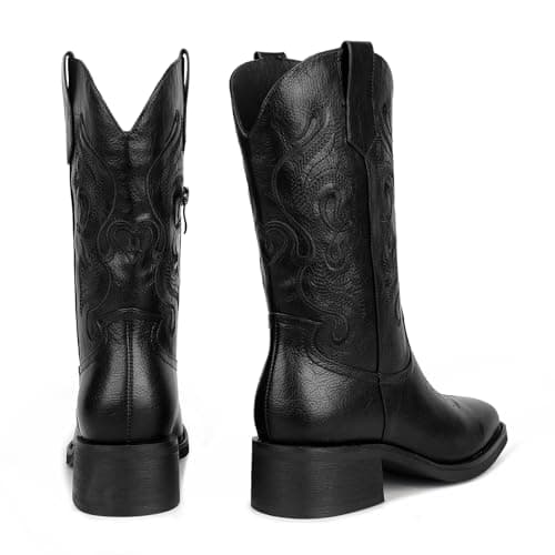 ISNOM Women's Western Boots with Square Toe and Unique Embroidery