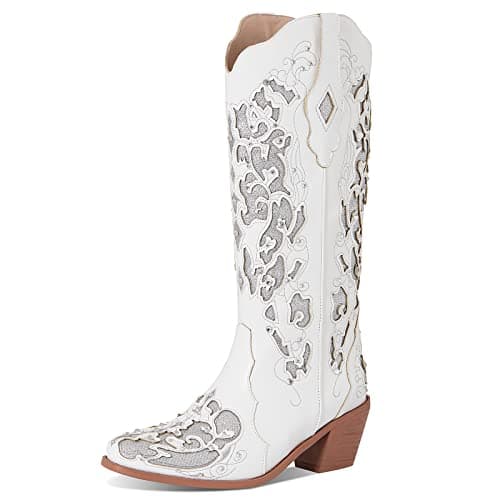 Glitter Mid-Heel Cowgirl Boots for Women with Rhinestones and Embroidery