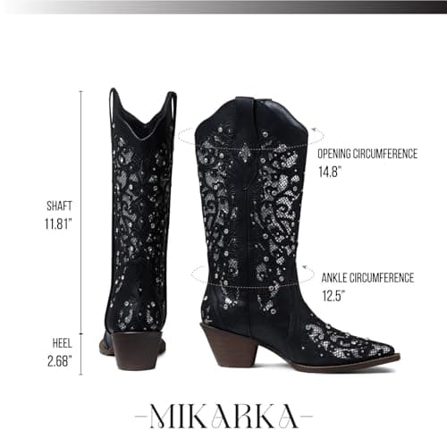 Mikarka Women's Glitter Cowgirl Boots - Embroidered Rhinestone Mid-Knee High Western Boots