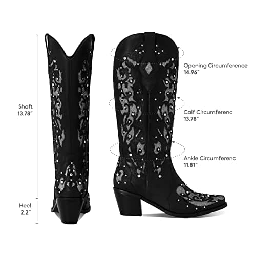 Glitter Mid-Heel Cowgirl Boots for Women with Rhinestones and Embroidery