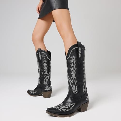 Mikarka Women's Knee-High Cowboy Boots with Classic Embroidery and Chunky Heel