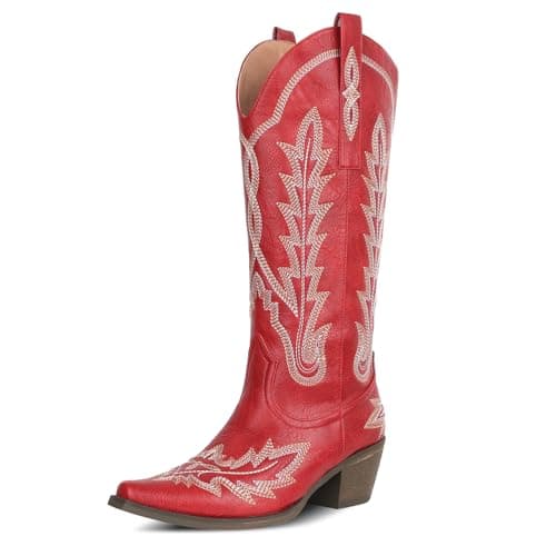Mikarka Women's Knee-High Cowboy Boots with Classic Embroidery and Chunky Heel
