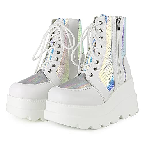 Refined and simplified title: Holographic Lace-Up Ankle Boots with Studded Buckle Detail for Women