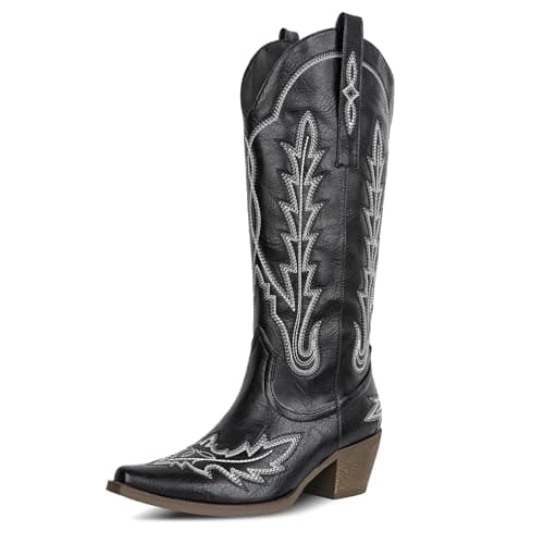 Mikarka Women's Knee-High Cowboy Boots with Classic Embroidery and Chunky Heel