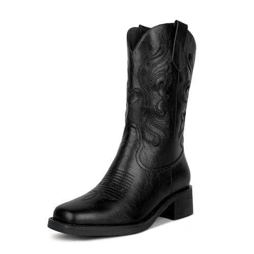 ISNOM Women's Western Boots with Square Toe and Unique Embroidery