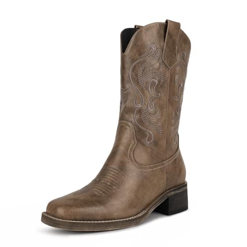 ISNOM Women's Western Boots with Square Toe and Unique Embroidery
