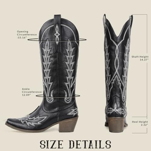 Mikarka Women's Knee-High Cowboy Boots with Classic Embroidery and Chunky Heel