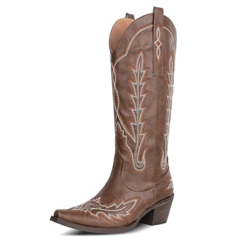 Mikarka Women's Knee-High Cowboy Boots with Classic Embroidery and Chunky Heel