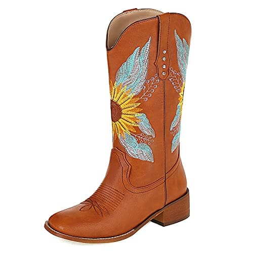Mikarka Women's Embroidered Mid-Calf Cowboy Boots with Square Toe and Pull-Up Tabs
