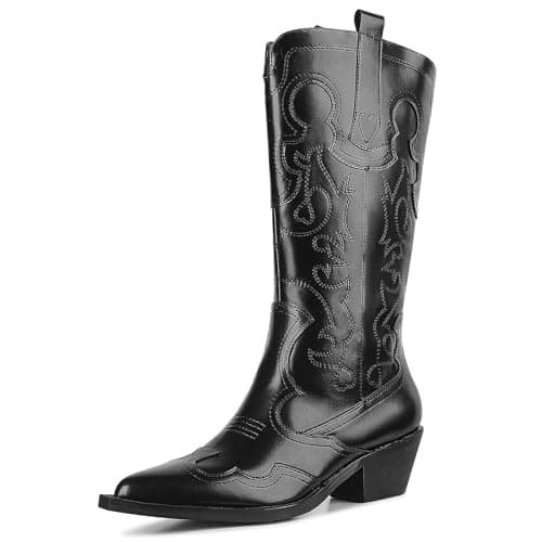 Mikarka Women's Two-Tone Embroidered Cowboy Boots with Chunky Heel