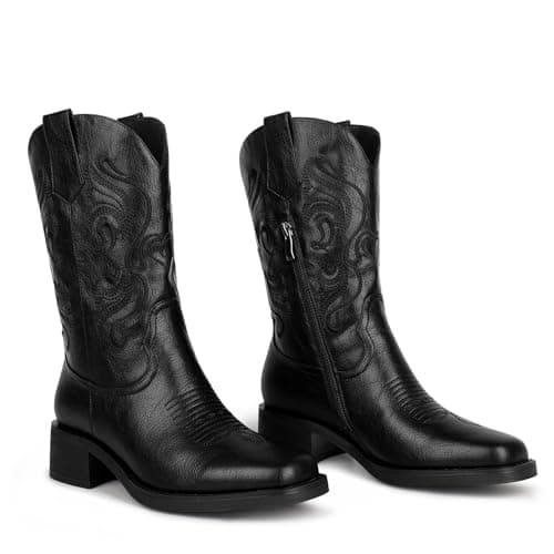 ISNOM Women's Western Boots with Square Toe and Unique Embroidery