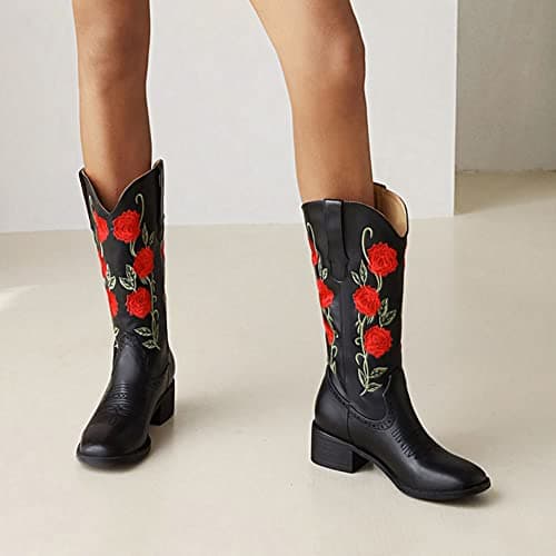 Mikarka Women's Embroidered Mid-Calf Cowboy Boots with Square Toe and Pull-Up Tabs