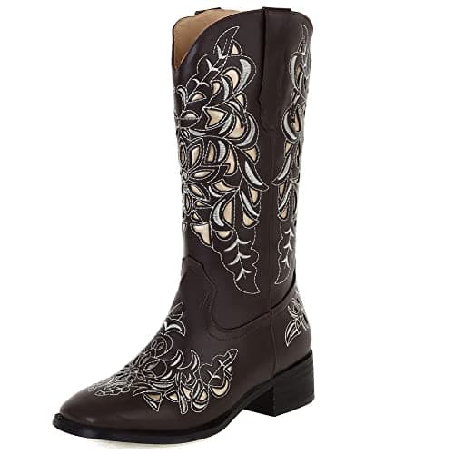 Mikarka Women's Embroidered Mid-Calf Cowboy Boots with Square Toe and Pull-Up Tabs