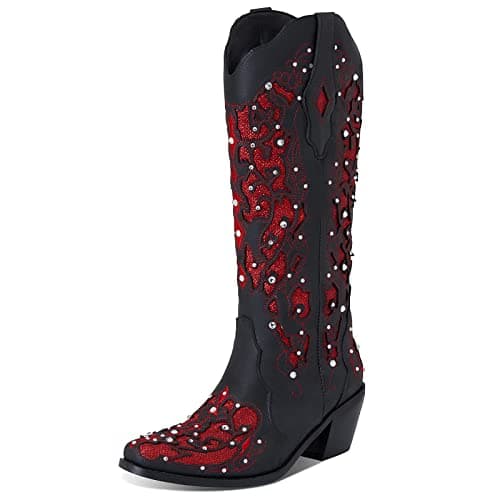 Glitter Mid-Heel Cowgirl Boots for Women with Rhinestones and Embroidery