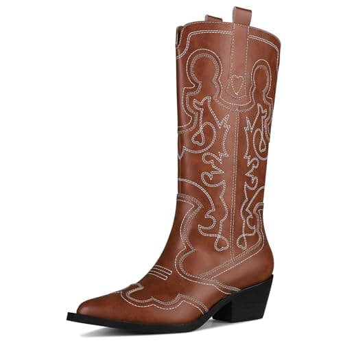 Mikarka Women's Two-Tone Embroidered Cowboy Boots with Chunky Heel