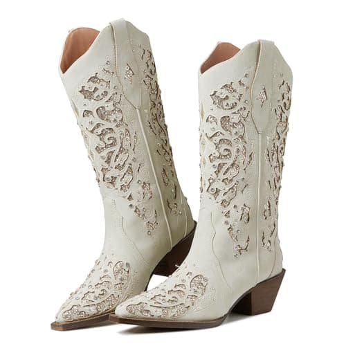 Mikarka Women's Glitter Cowgirl Boots - Embroidered Rhinestone Mid-Knee High Western Boots
