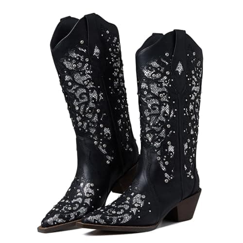Mikarka Women's Glitter Cowgirl Boots - Embroidered Rhinestone Mid-Knee High Western Boots