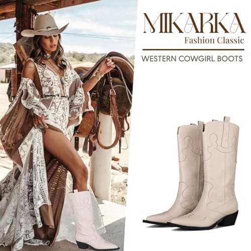 Mikarka Women's Two-Tone Embroidered Cowboy Boots with Chunky Heel