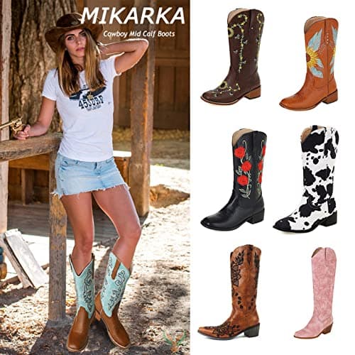 Mikarka Women's Embroidered Mid-Calf Cowboy Boots with Square Toe and Pull-Up Tabs