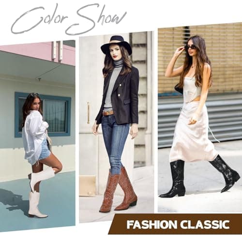 Mikarka Women's Two-Tone Embroidered Cowboy Boots with Chunky Heel