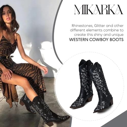 Mikarka Women's Glitter Cowgirl Boots - Embroidered Rhinestone Mid-Knee High Western Boots