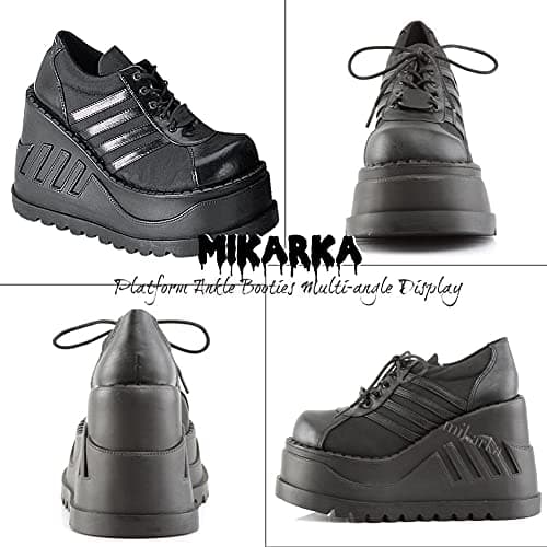 Women's Black Platform Booties with Lace-Up Wedge and Round Toe Combat Ankle Boots