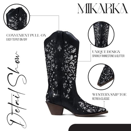 Mikarka Women's Glitter Cowgirl Boots - Embroidered Rhinestone Mid-Knee High Western Boots
