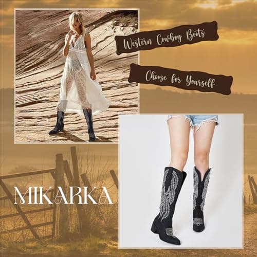 Mikarka Women's Cowboy Boots - Knee-High Western Boots with Zipper and Embroidery