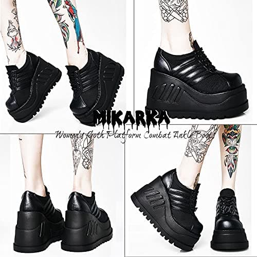 Women's Black Platform Booties with Lace-Up Wedge and Round Toe Combat Ankle Boots