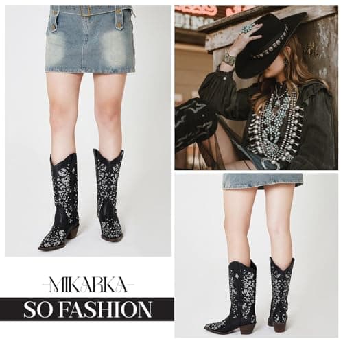 Mikarka Women's Glitter Cowgirl Boots - Embroidered Rhinestone Mid-Knee High Western Boots