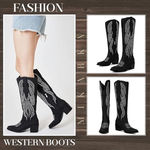 Mikarka Women's Cowboy Boots - Knee-High Western Boots with Zipper and Embroidery