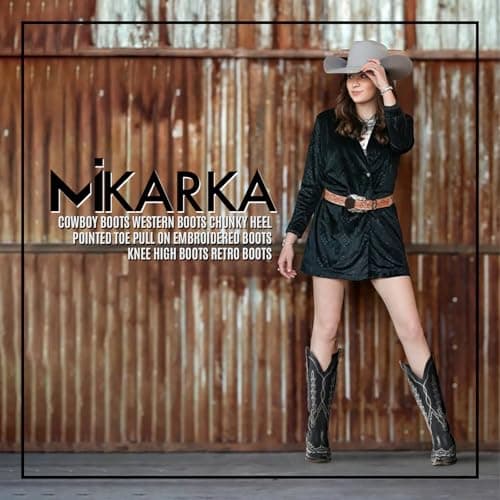 Mikarka Women's Knee-High Cowboy Boots with Classic Embroidery and Chunky Heel