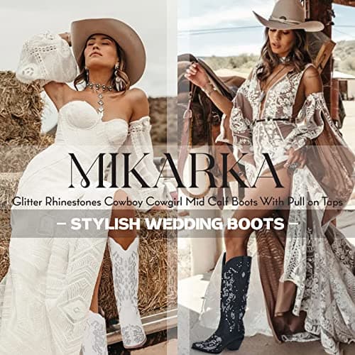 Glitter Mid-Heel Cowgirl Boots for Women with Rhinestones and Embroidery