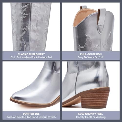 Western Cowgirl Boots for Women - Ladies Knee-High Country Boots with Side Zipper and Classic Embroidery