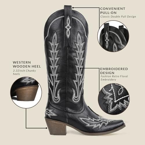 Mikarka Women's Knee-High Cowboy Boots with Classic Embroidery and Chunky Heel