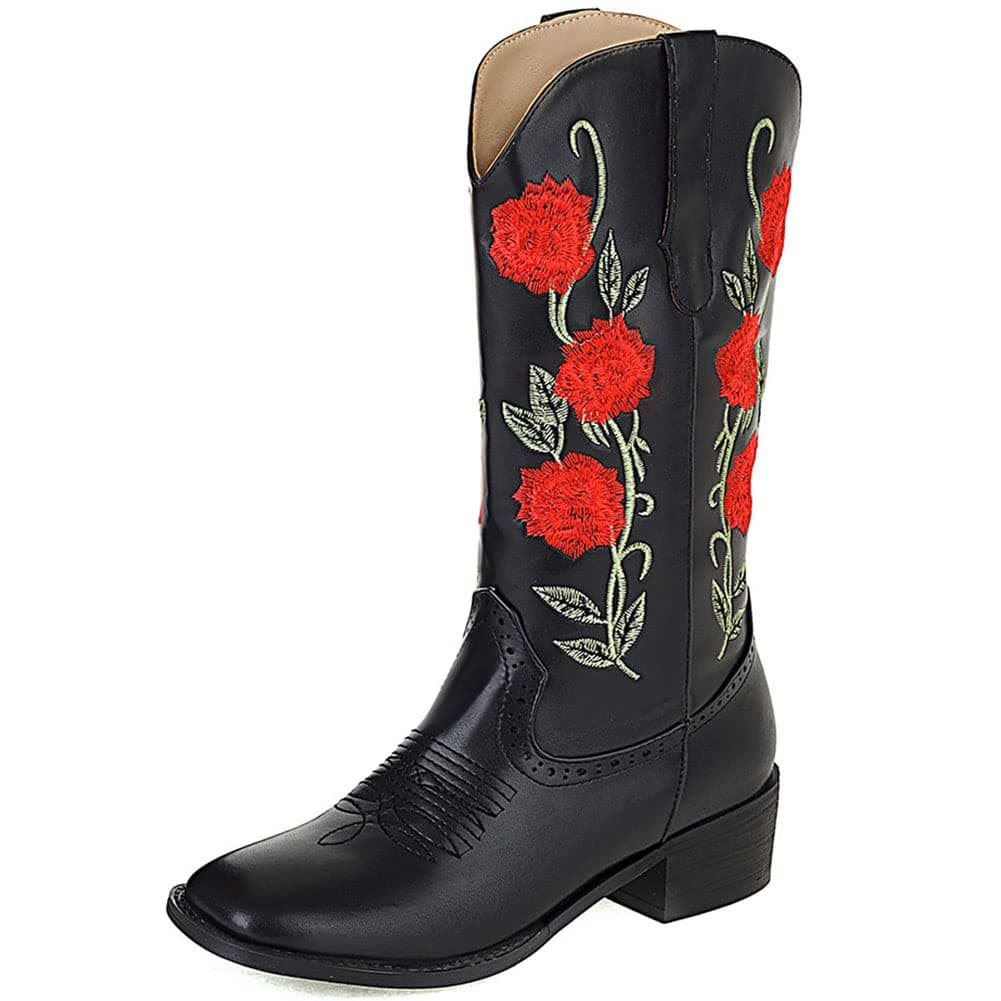 Mikarka Women's Embroidered Mid-Calf Cowboy Boots with Square Toe and Pull-Up Tabs