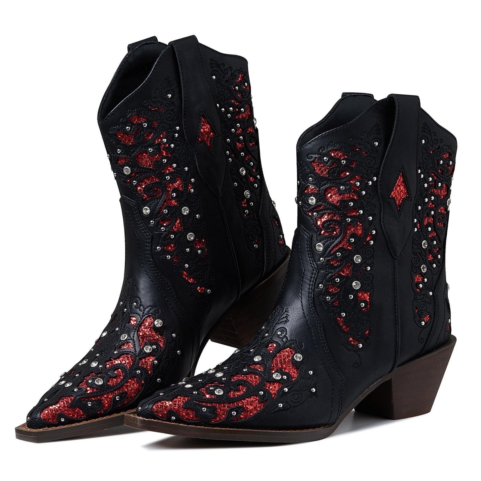 Sparkly Mid Calf Cowboy Boots for Women - Embroidered Western Booties for Weddings and Dances