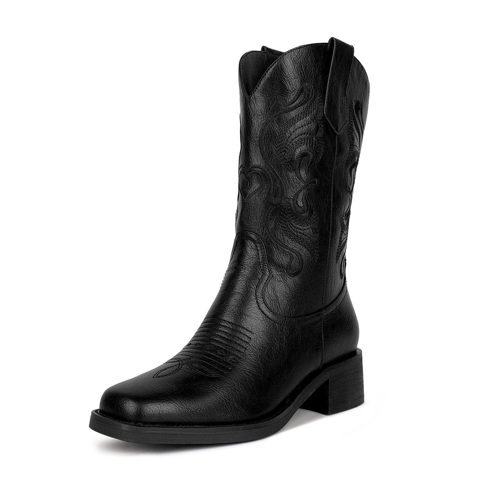 ISNOM Women's Western Boots with Square Toe and Unique Embroidery