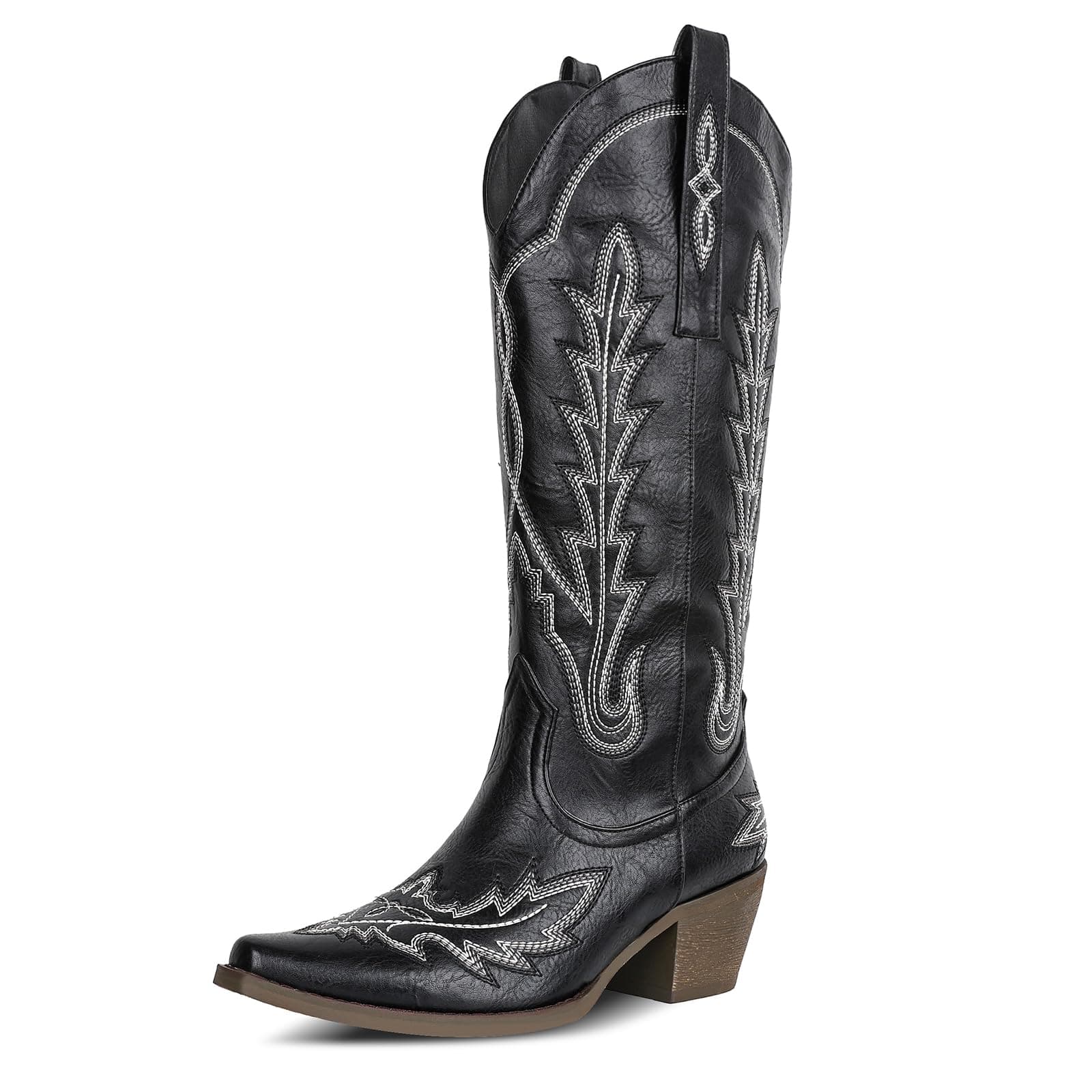 Mikarka Women's Knee-High Cowboy Boots with Classic Embroidery and Chunky Heel