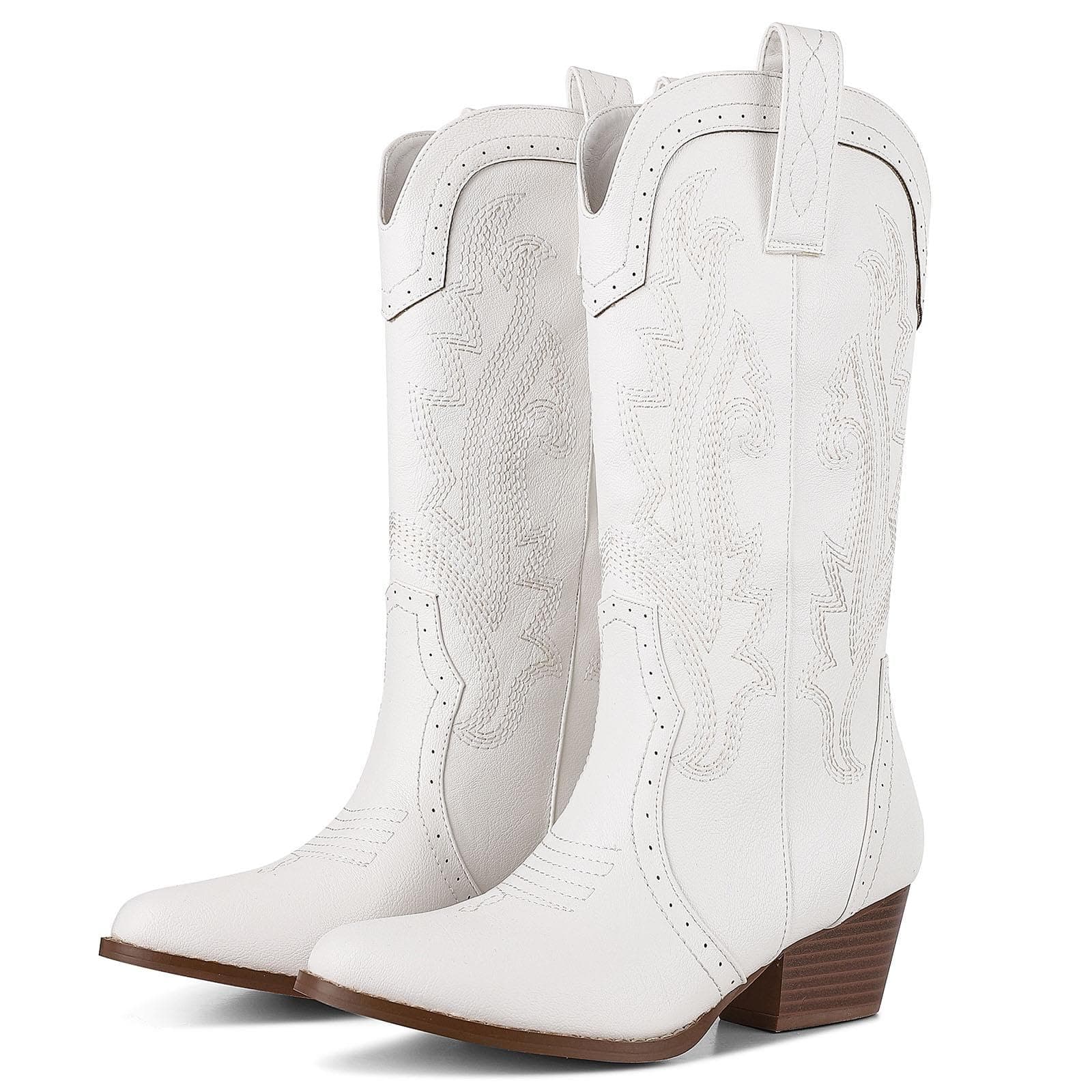 Mikarka Women's Embroidered Cowboy Boots - Pointed Toe Mid-Calf Fashion with Chunky Heel